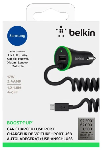 Автомобильное ЗУ Belkin 3.4A (USB + Кабель MicroUSB) в Челябинске купить по недорогим ценам с доставкой